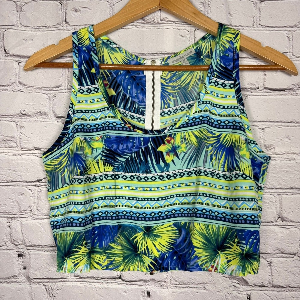Charlotte Russe Tropical Palm Geometric Crop Top Blue Green Sleeveless Size M